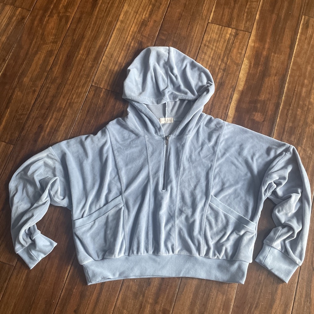 Altar'd state Women's 2XL Velour Hoodie 3/4 Zip Pockets Cropped Blue Y2K Soft